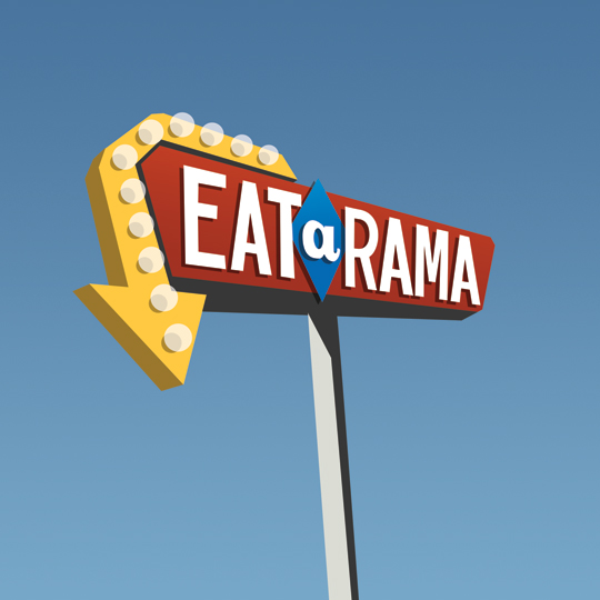 Illustration of a Vegas-style sign with the words Eat-a-Rama.