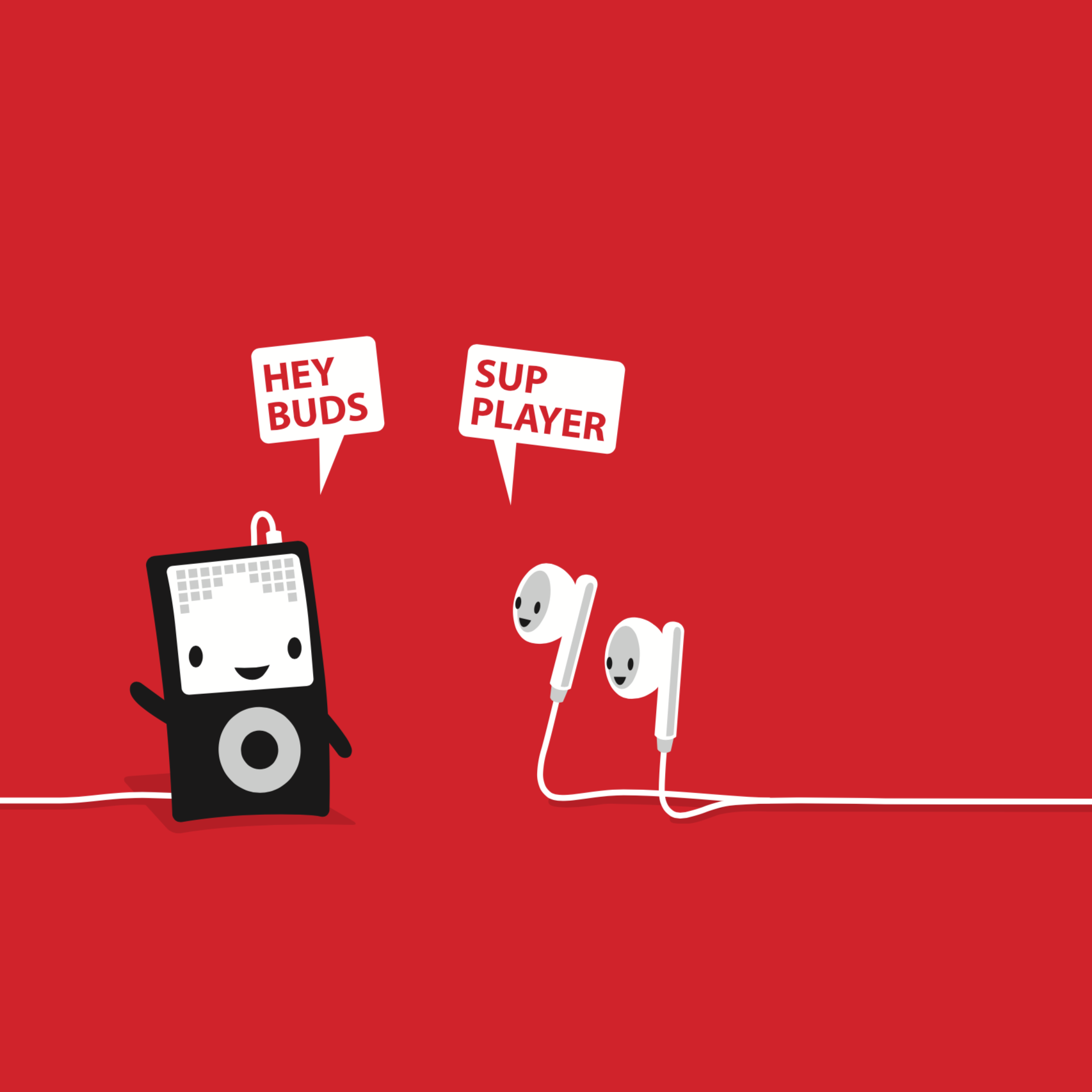 Illustration of an iPod and headphones greeting each other.