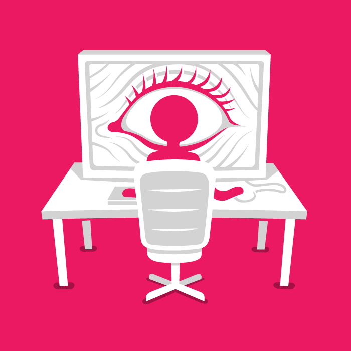 Illustration of a person sitting at a computer screen that has a giant eye.